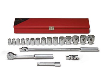 1/2" Drive 19 Piece Metal Boxed Set - 12 Point Standard Sockets 3/8"-1-1/4", Ratchet, Flex Handle, 5" Extension, Universal